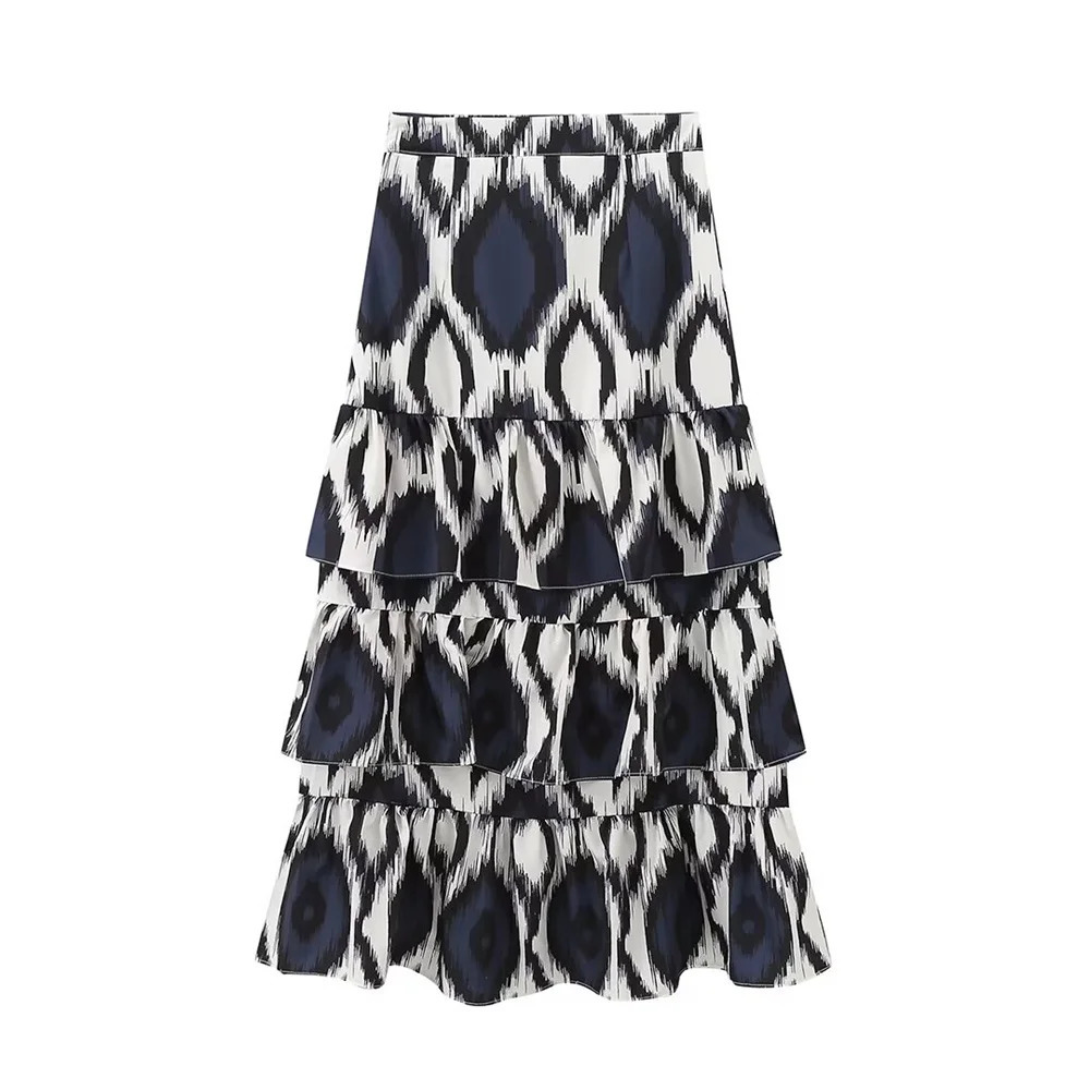 Kar Otza womens fashion simple printed square neck short top loose pleated skirt two-piece set 241114