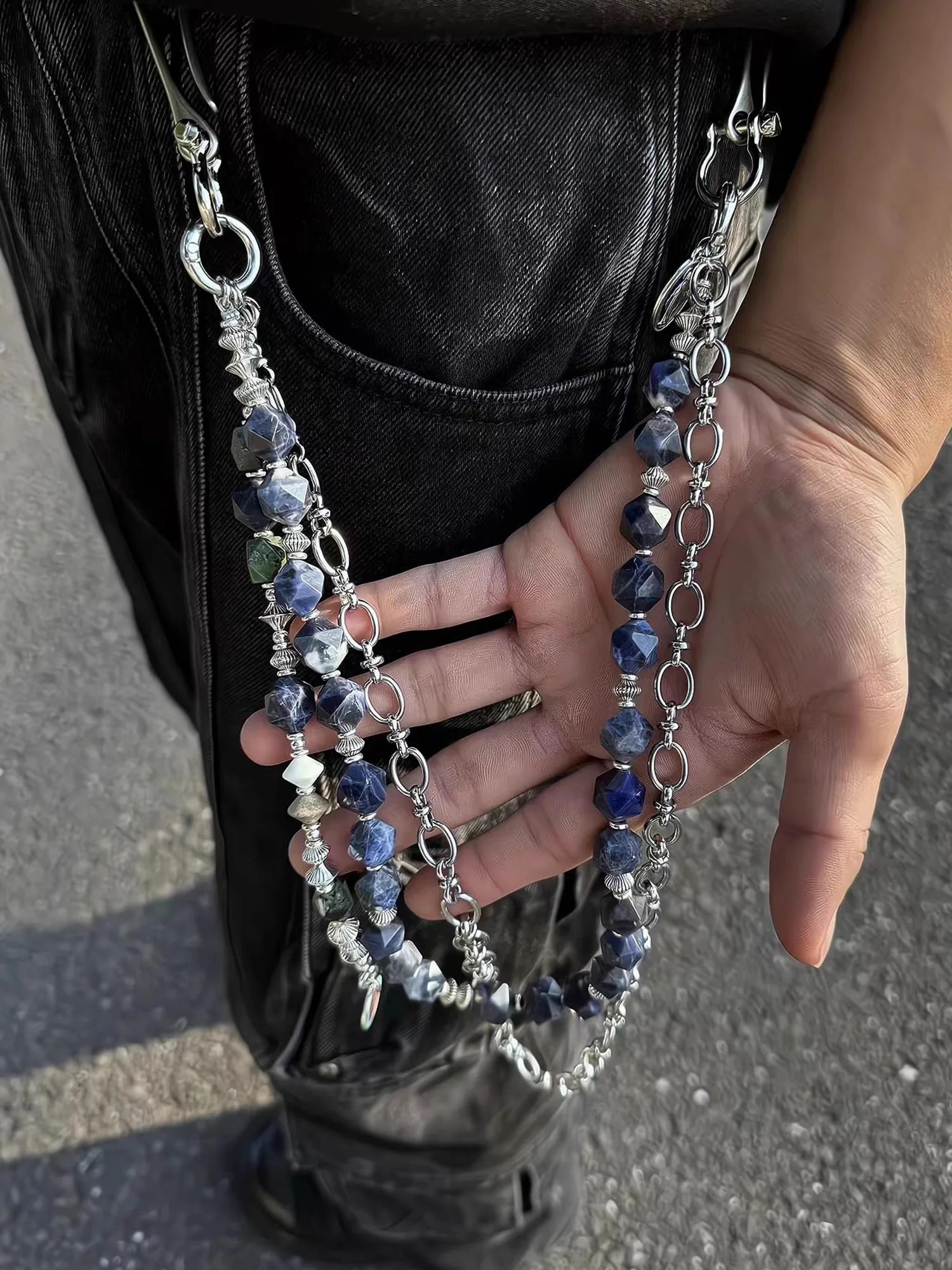 3-in-1 combination punk pants chain peacock green metal comfortable mens and womens keychain one waist accessories 241115