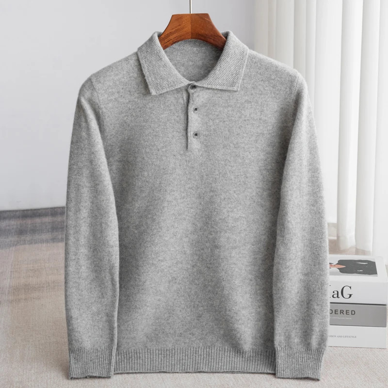 100% Australian wool mens lapel long sleeved polo neck sweater loose top casual knit bottom sweater 241112 - view 7