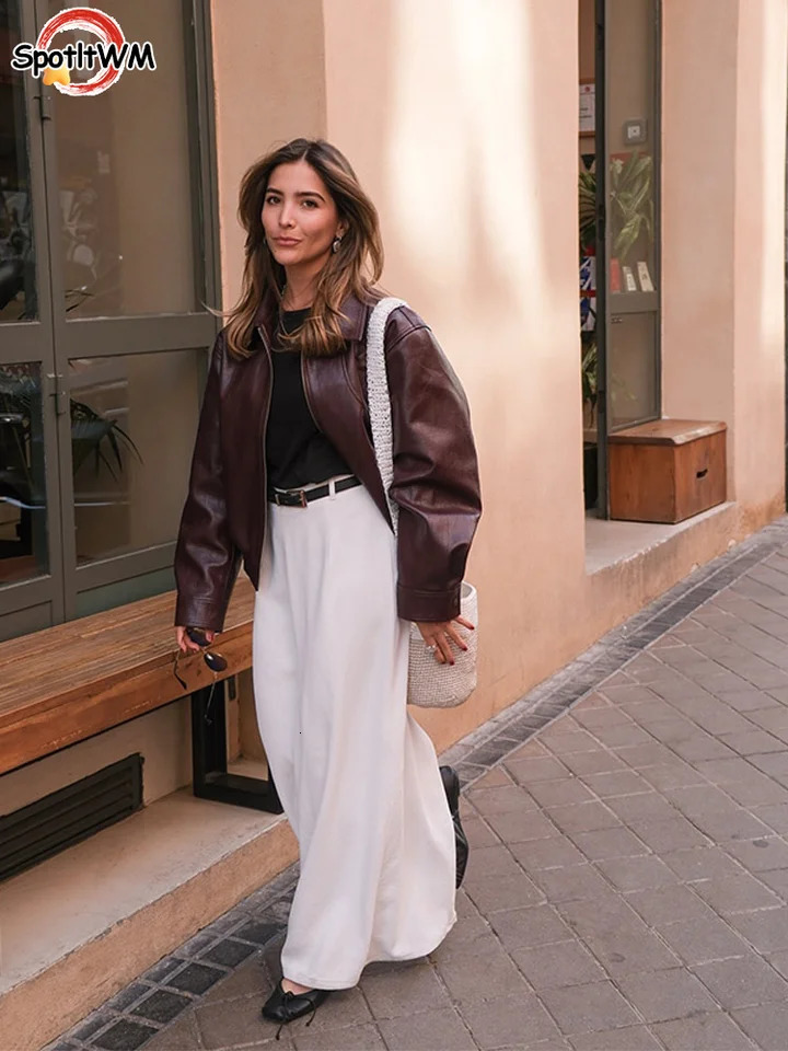 Women Fashion Solid Pu Leather Short Jacket Chic Lapel Long Sleeves Zipper Crop Coats Autumn Elegant Lady Commuting Street Tops 241115