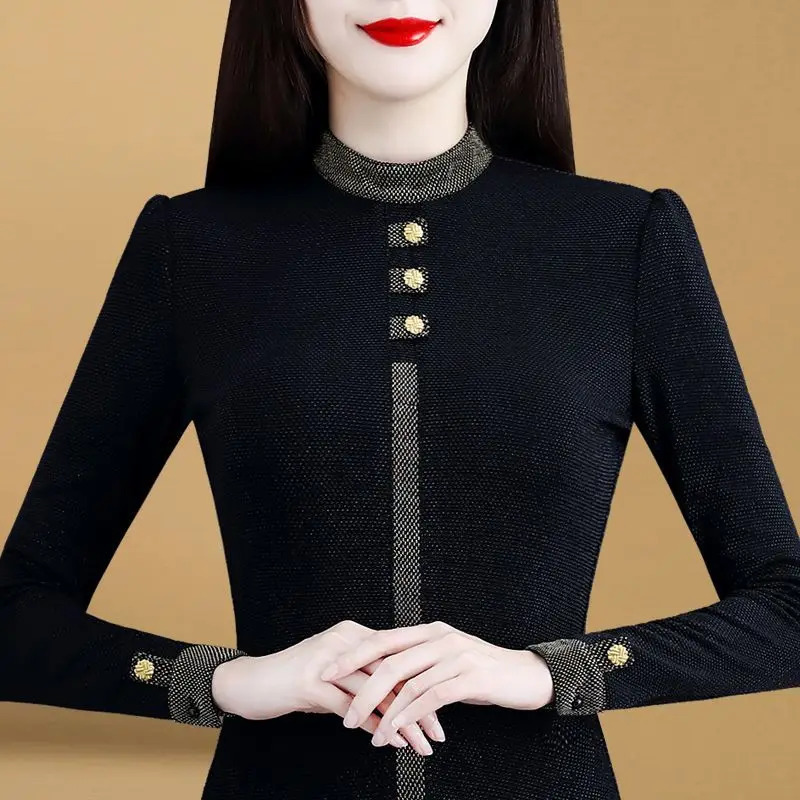 Autumn Winter Long Sleeve Patchwork Allmatch Bottoming Shirt Temperament Thick Slim T Tops Vintage Fashion Women Clothing 241115