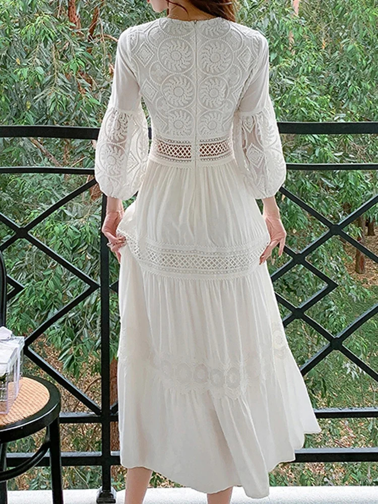 Summer Women Long Dress Vintage White Boho Lace Dresses Female Hollow Out Ladies Elegant Loose Beach Holiday Vestidos 240415
