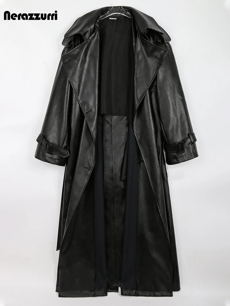 Nerazzurri Spring Autumn Long Oversized Black Pu Leather Trench Coat for Women Belt Double Breasted Loose Casual Korean Fashion 241115