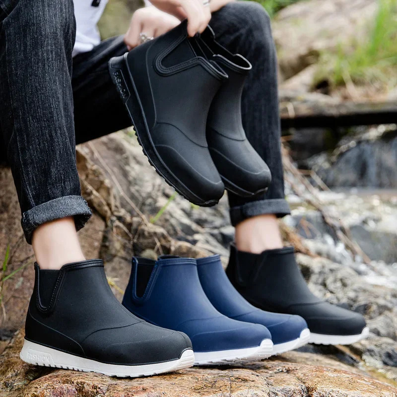 Black Rain Shoes for Men Rubber Shoe Platform Ankle Boots Autumn Winter Slip on Booties Boots for Men Waterproof Work Botas 241114