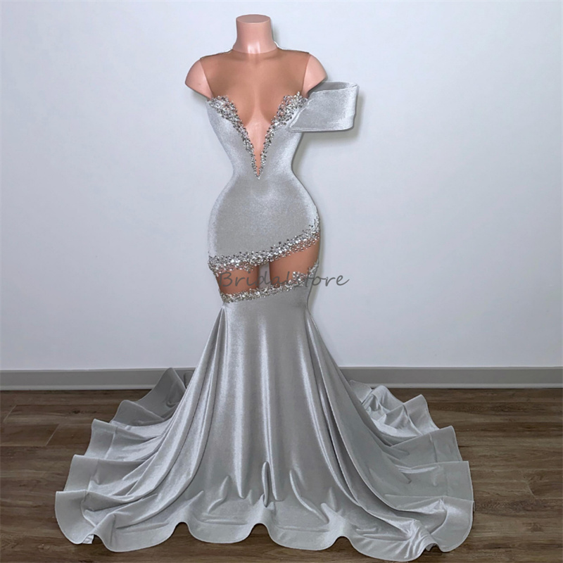 Chic Silver Prom Dresses For Black Women See Through Neck Mermaid Velvet Evening Gowns 2024 Beaded Aso Ebi Dance Birthday Party Dress Formal Gown Vest