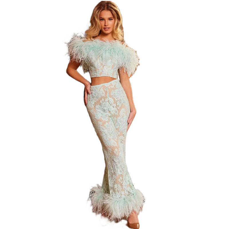 Two Pieces Lace Prom Dresses Feathers Pants Suits Off Shoulder Modern Special Occasion Wear Birtdahy Party Gown 2025