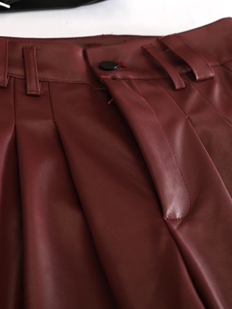 IEQJ High Street Pu Leather Straight Pants Womens Waist Medium Length Fashion Autumn Clothing 3WM2094 241115