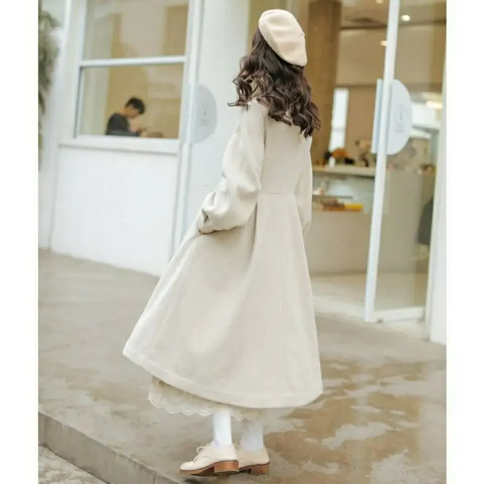 French retro wool coat womens autumn and winter elegant pleated long coat womens sweet lantern sleeve jacket 241115