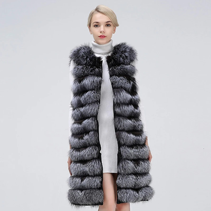 100 Genuine Winter Long Real Silver Fur Stripes Vest Collar Sleeveless Coat Clothing Women Extended 241115