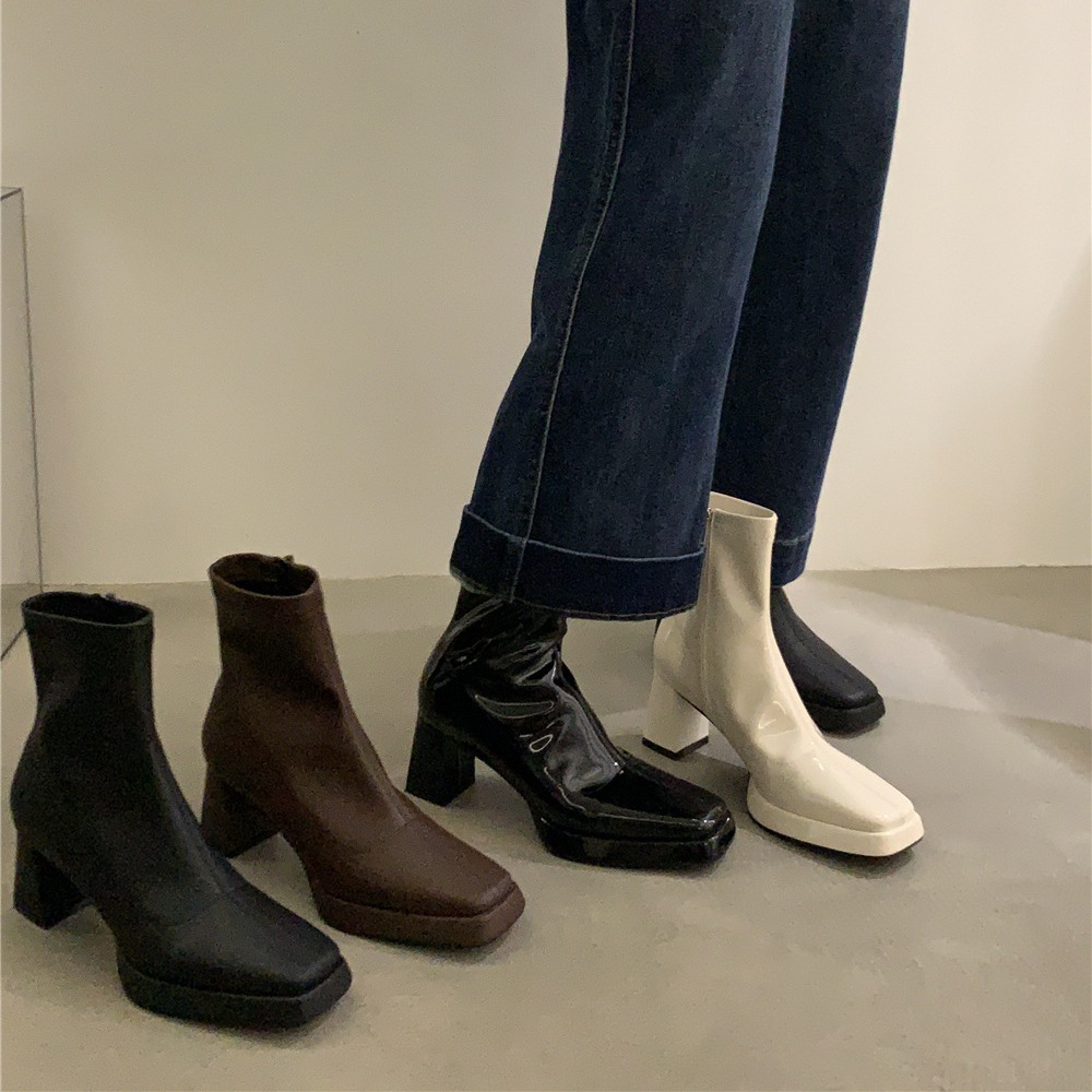 French Square Toe Thick Heel Zipper Short Boots.