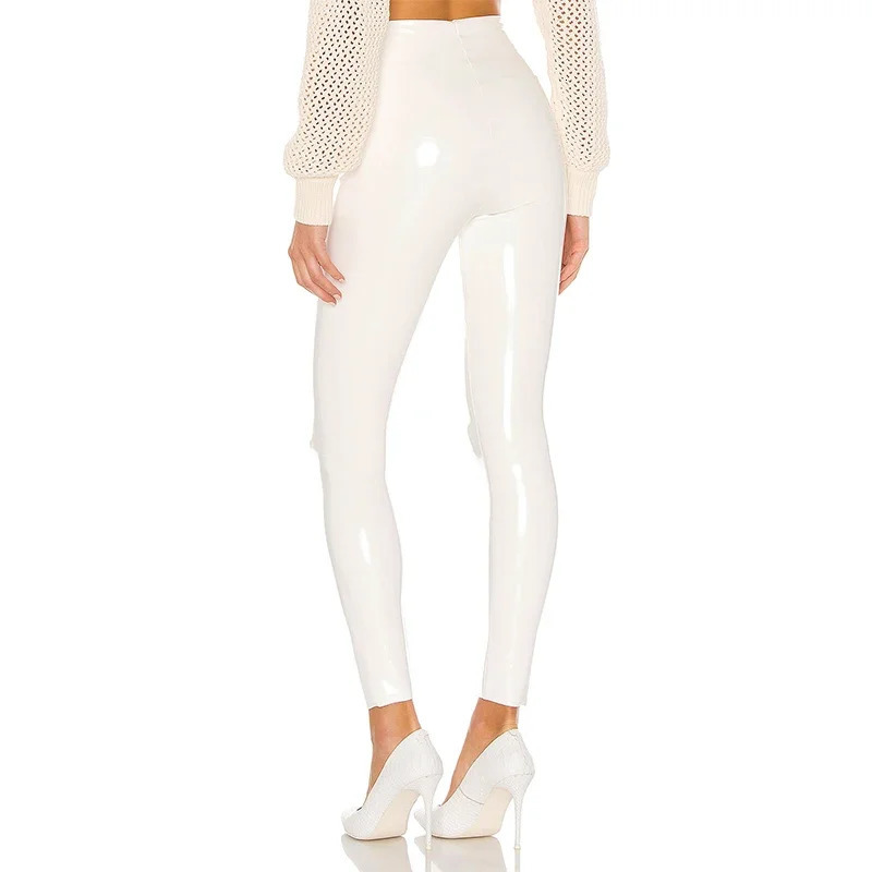 Womens shiny PU leather white PVC pants ultrathin 4XL sexy long legs latex elastic high waist tight summer 241115