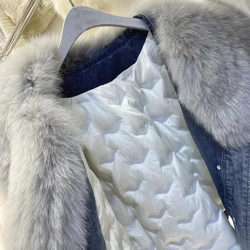 2023 s Fashion Denim Goose Down Big Fur Collar Detachable Filling Lnner Lining High End Jacket 241115