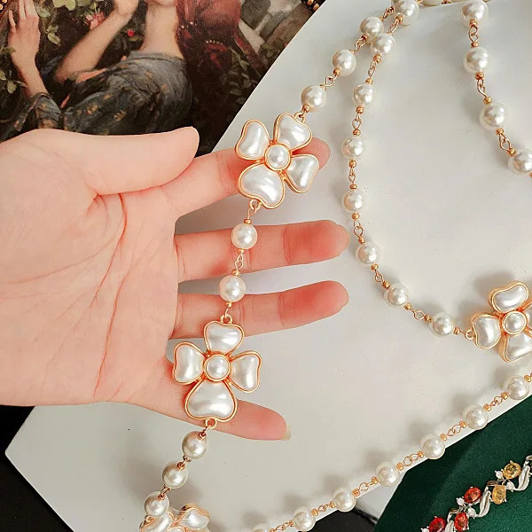 Vintage white flower long white glass pearl necklace sweater chain silver stud earring set 241115
