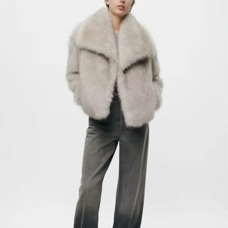 Fashion Furry Fluffy Faux Fur Coat Lapel Warm Jacket Solid Thickened Long Sleeve Plush Overcoat Lady Fall Winter 241115