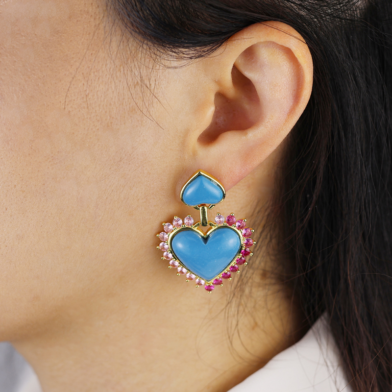 Gold Color Pink Cubic Zirconia Double Turquoises Heart Shaped Stone Big Women Dangle Drop Charm Earring 9f5c