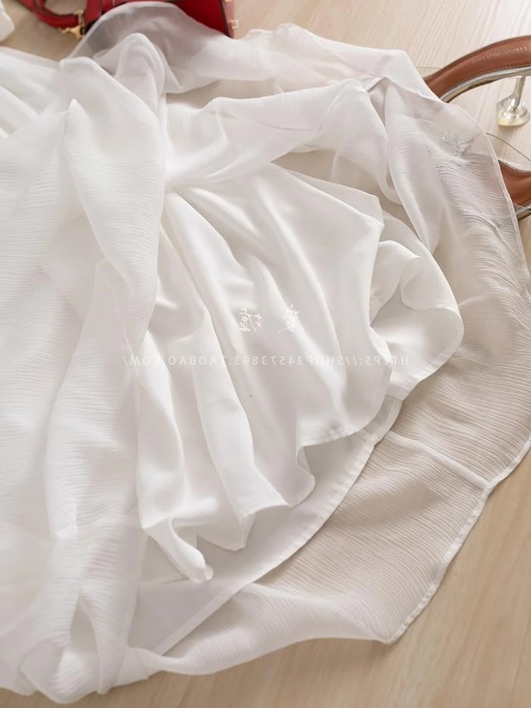 Chinese Style Embroidery Chiffon Dress National Art Chic Women Summer White Loose Casual Ethereal Pleated Long Dresses 240415