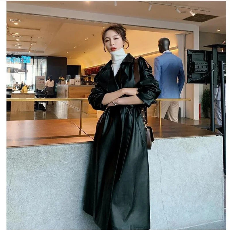 Spring Black Oversized Long Waterproof Leather Trench Coat for Women 2023 Sleeve Loose Korean Fashion Clothing 241115