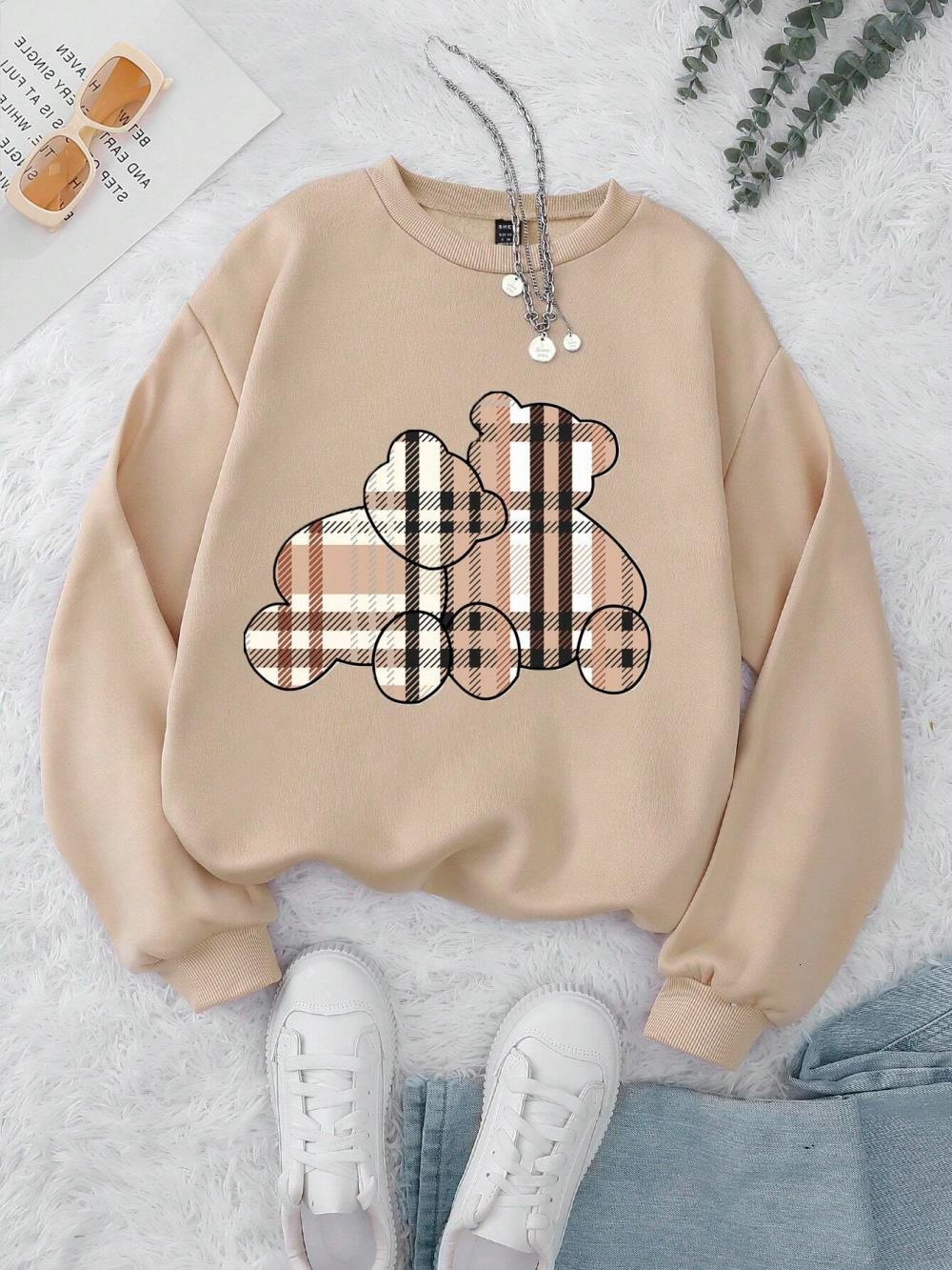 Designer's new casual women's sports shirt with teddy bear print hoodie, comfortable wool soft pullover, fashionable round neck loose fittin