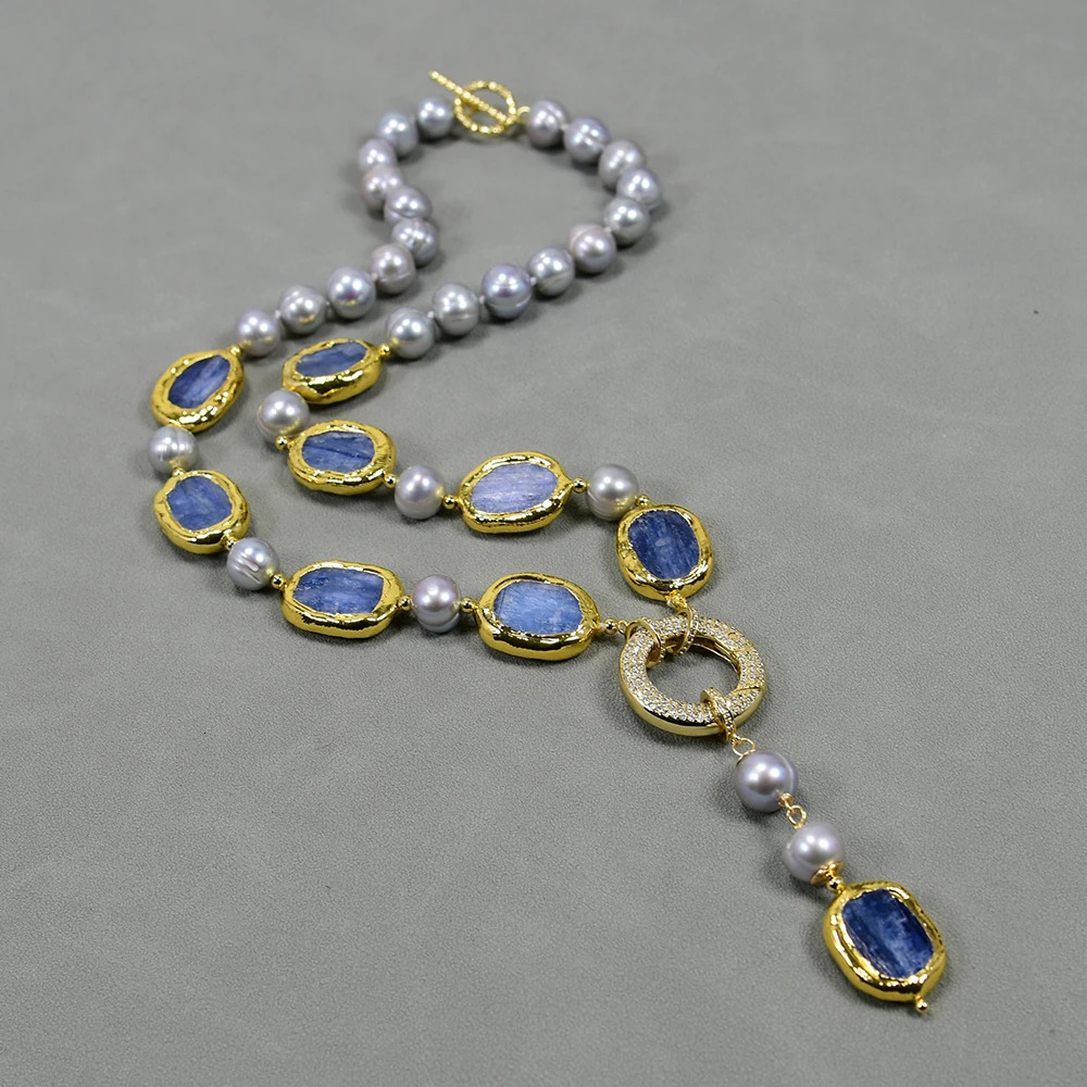 G-G Freshwater Culture Grey Potato Pearl Blue Sapphire Pendant Necklace Earring Set Simple Female Gift 241115