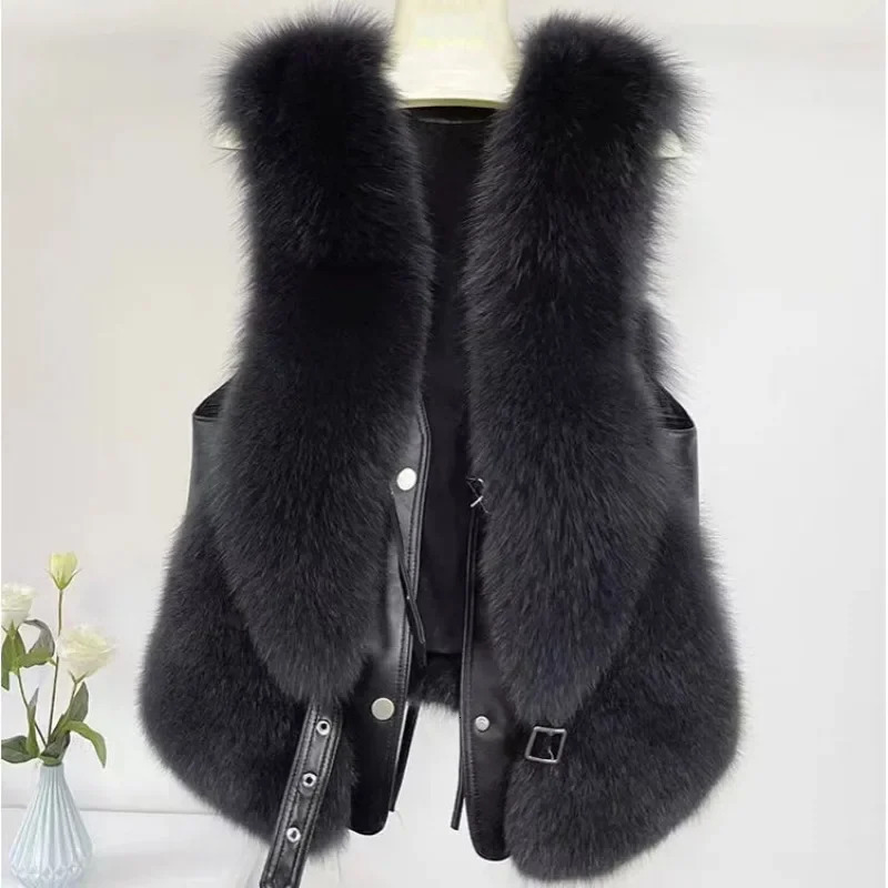Autumn Winter Women Vest Short Style Splicing Solid Color Fur Coat 241115