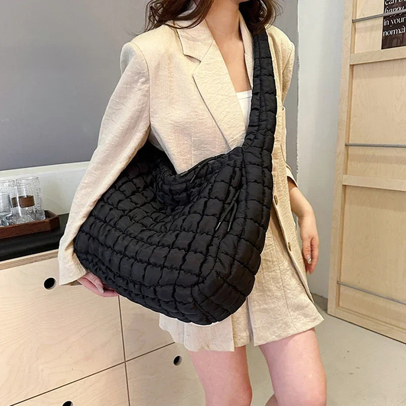 Casual Ruched Hobos Women Shoulder Bags Quilted Padded Crossbody Large Capacity Nylon Puffer Tote Bag Big Shopper Purses 241115