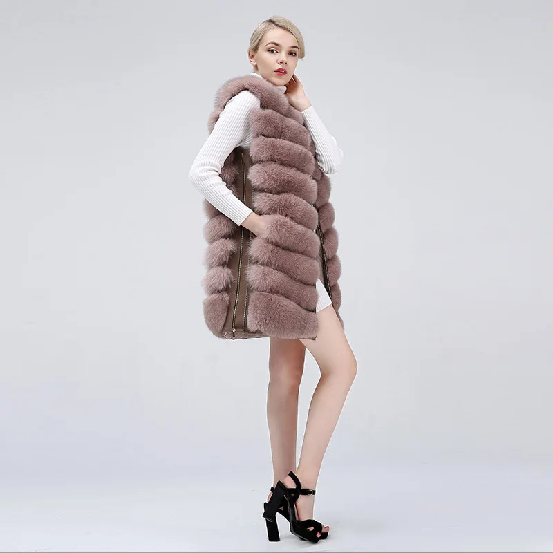 Natural Womens Fur Coat Vest Zipper Long Winter Warm True Jacket 241115