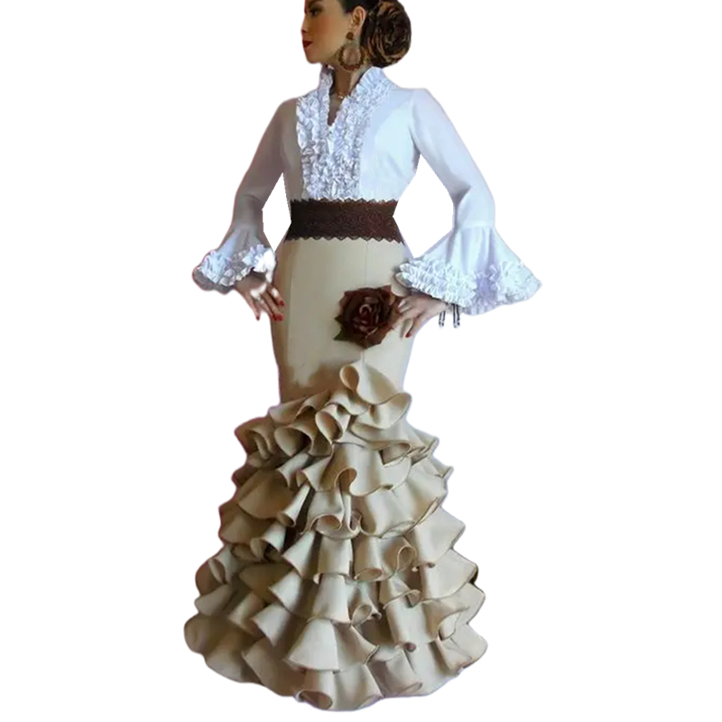 Elegant Mermaid Dancing Flamenca Prom Dresses Retro Palace Flare Long Sleeves Evening Gown Ruffles Floor Length Mexico Spanish Vestidos De Coctel