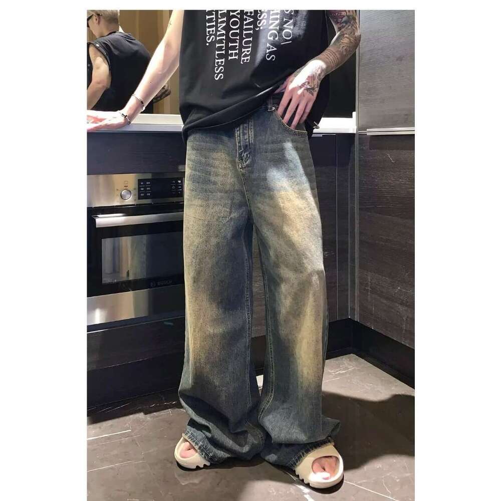 MenBaggy Straight Jeans Distressed Blue Fashion Youth Streetwear Denim Pants Personality Hip Hop Male Trousers Trendy Brand