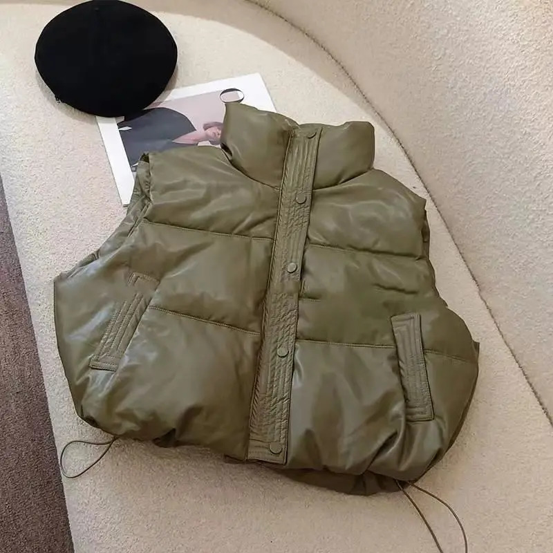 Down Insulated Vest PU Leather Short Vests for Women Trend Middle-aged Womens Clothing Office Street Style Outerwear XK85 241114