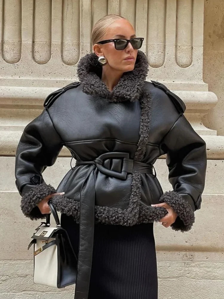 Fashion Thicken Warm Leather Splicing Fur Jacket Women Elegant Lapel Collar Short Coat With Belt Winter Lady High Streetwear 241114