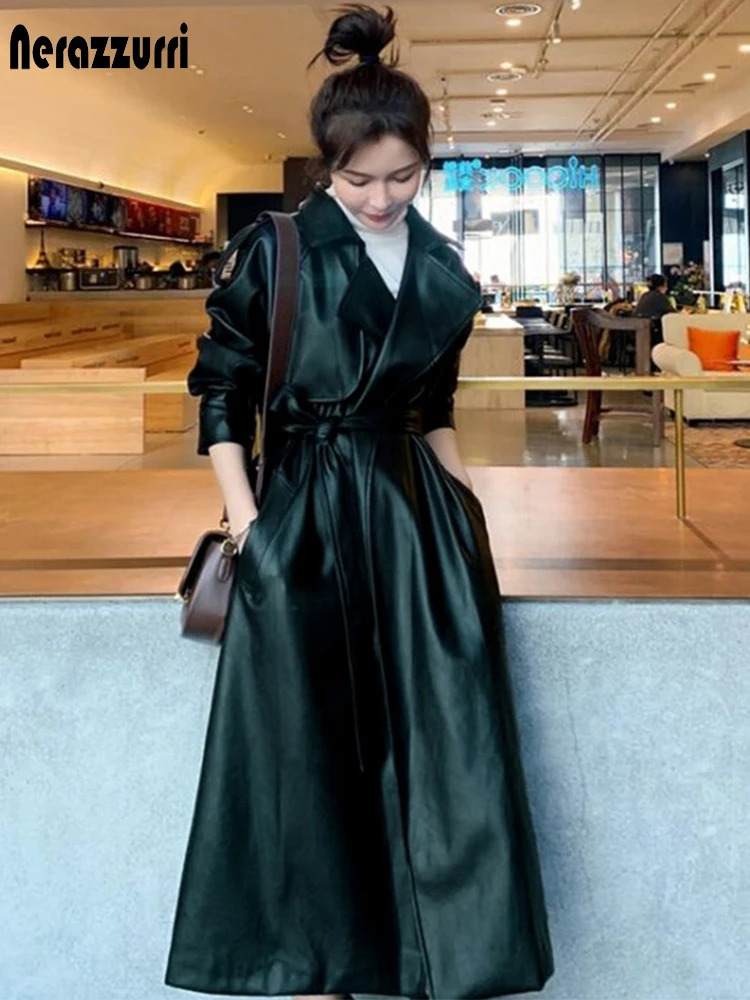 Nerazzurri Spring Black Oversized Long Waterproof Leather Trench Coat for Women Sleeve Loose Korean Fashion Clothing 241115