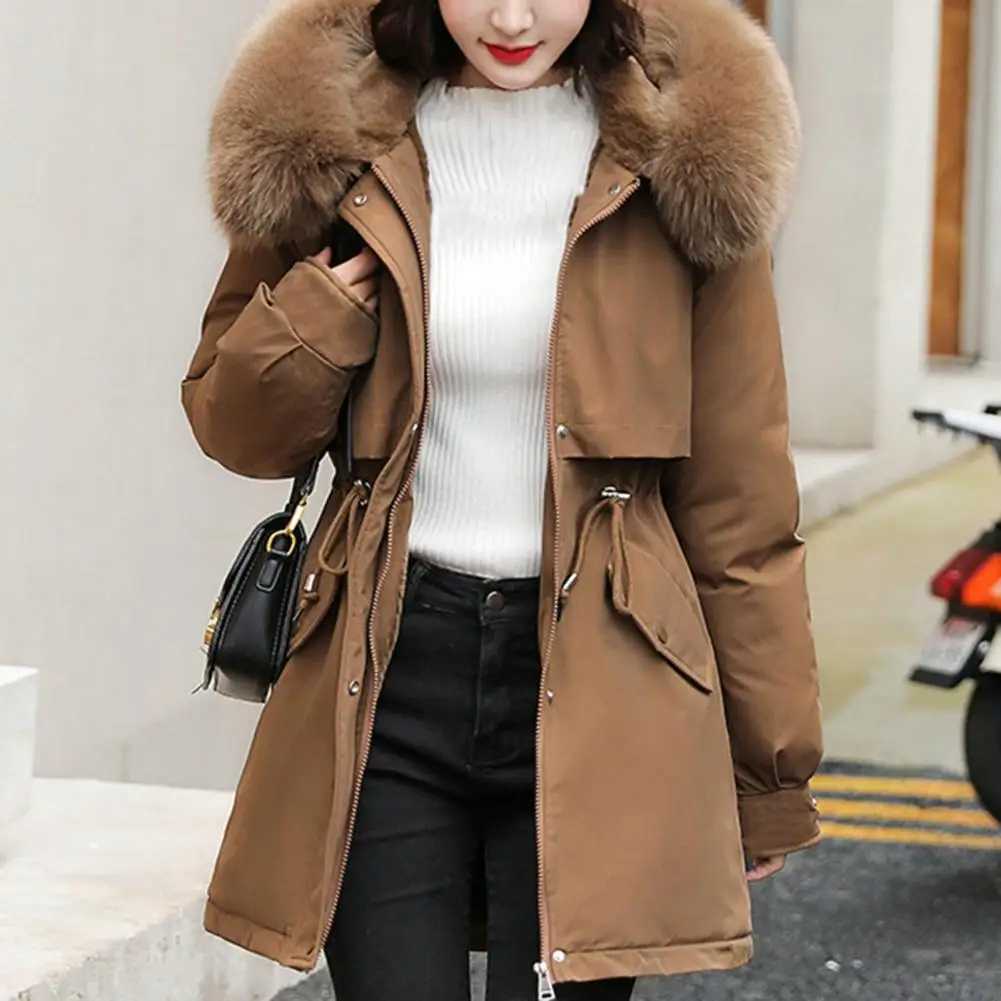 Fur Collar Hooded Parkas Slim Womens Cotton Jackets Korean Zipper New Winter Coats Warm Mid Length Quilted OuterwearC241115