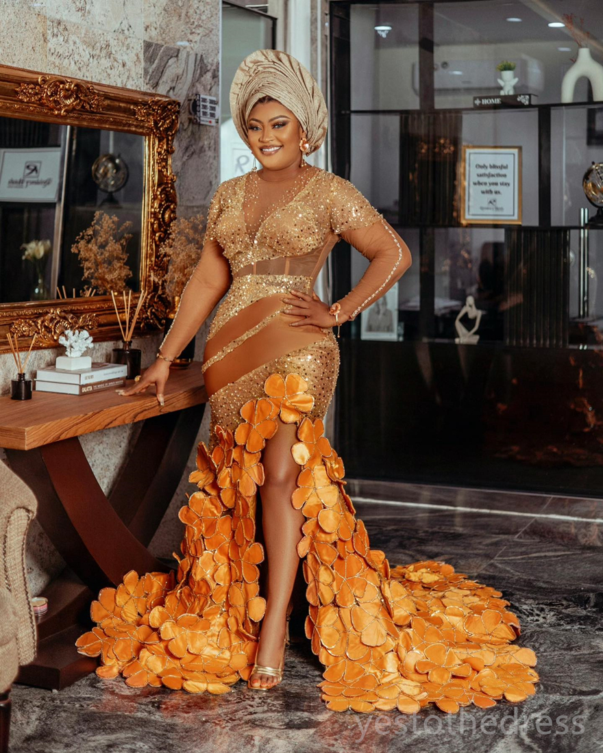 2024 Plus Size Orange Prom Dresses for Black Women Illusion Mermaid Evening Dresses Elegant Sequined Lace Side Split Hand Made Flowers Birthday Gala D
