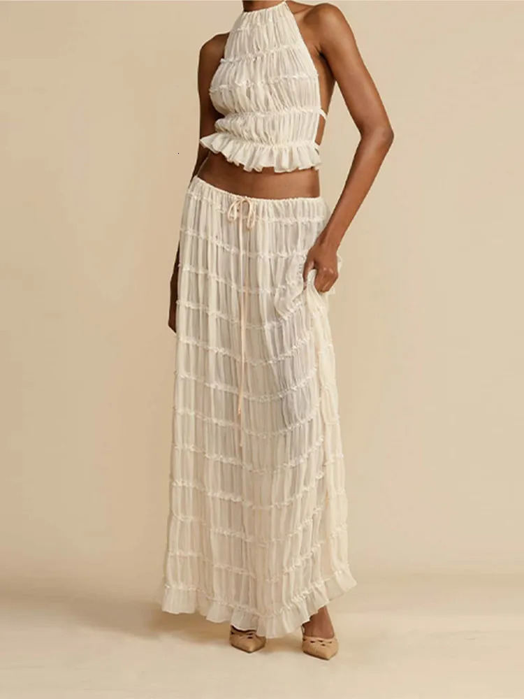 Halter Backless Womens Skirt Set Sleeveless Crop Top Pleated Long Skirts Spring Summer Sexy Elegant Lady 2 Piece Sets 240415