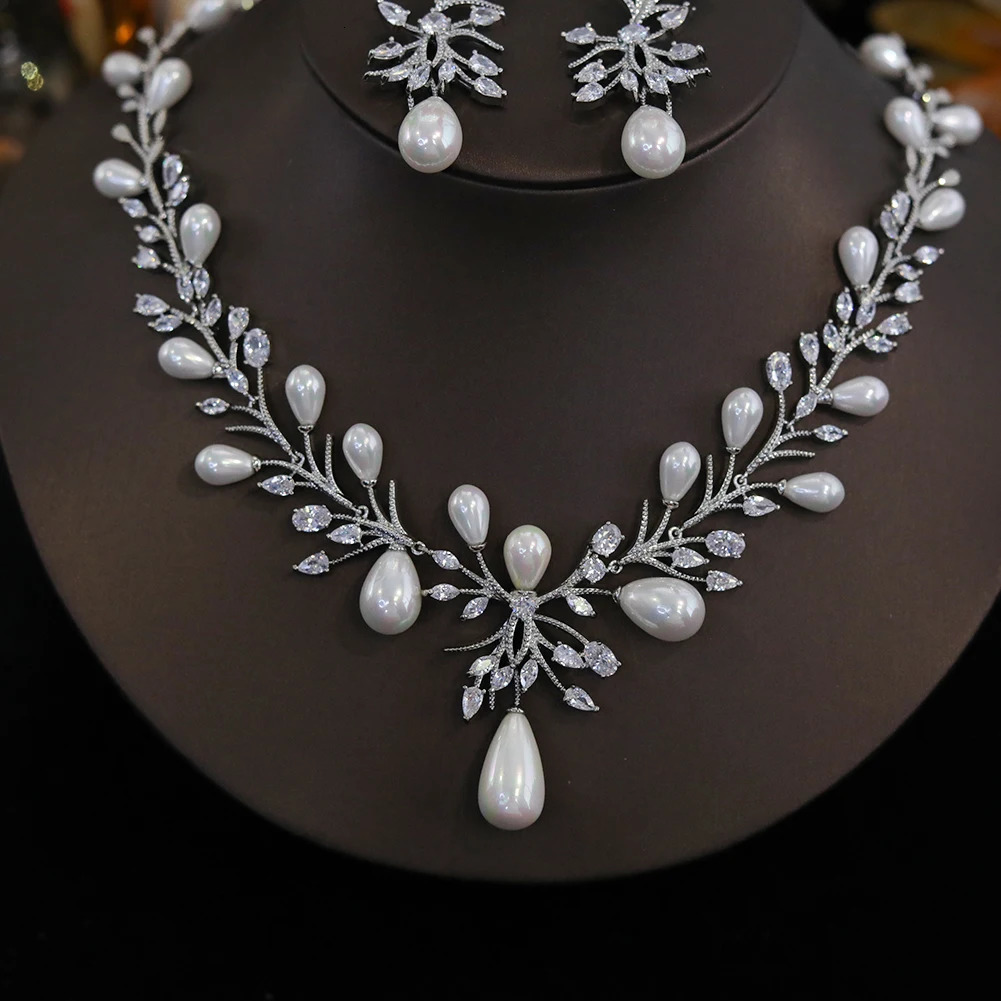 white cubic zirconia pearl necklace and earrings wedding party jewelry set for women Envio Gratis Todo X0470 241115