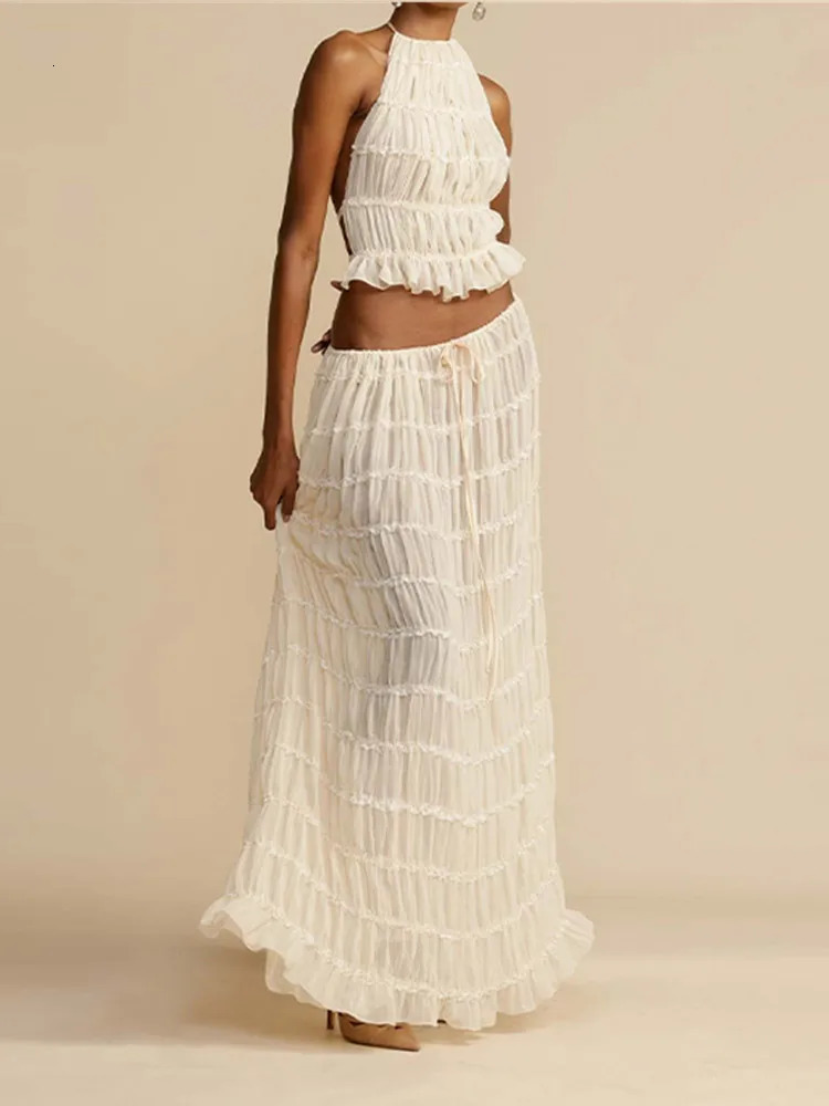 Halter Backless Womens Skirt Set Sleeveless Crop Top Pleated Long Skirts Spring Summer Sexy Elegant Lady 2 Piece Sets 240415