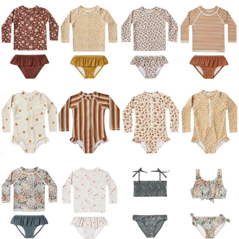 RC Baby Girls Swimwears Kids 1-12y Long Sleeve Sunscreen Floral Toddler Swimming Swimsuit Stripe Bikini Suits Casual Clothes 240412