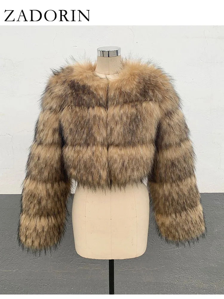 ZADORIN High Quality Cropped Faux Raccoon Fur Coat Women Winter Fashion O Neck Long Sleeve Fluffy Short Faux Fur Jacket Crop Top 241115