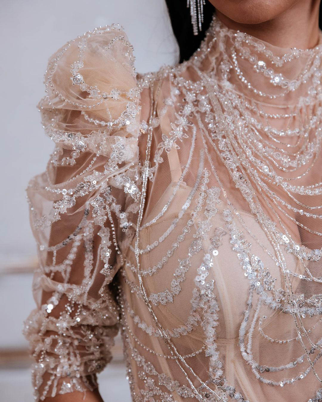 Sexy Mermaid Wedding Dresses For Women High Collar Half Sleeves Bridal Gown Sequins See Through Sweep Train Customized Dress vestidos de novia