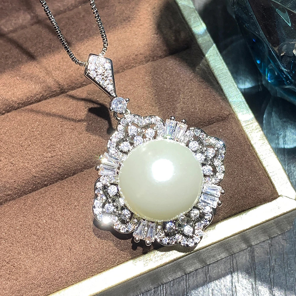 Charm 14-16mm white large pearl high carbon diamond pendant necklace earrings suitable for womens anniversary wedding party jewelry set 241115