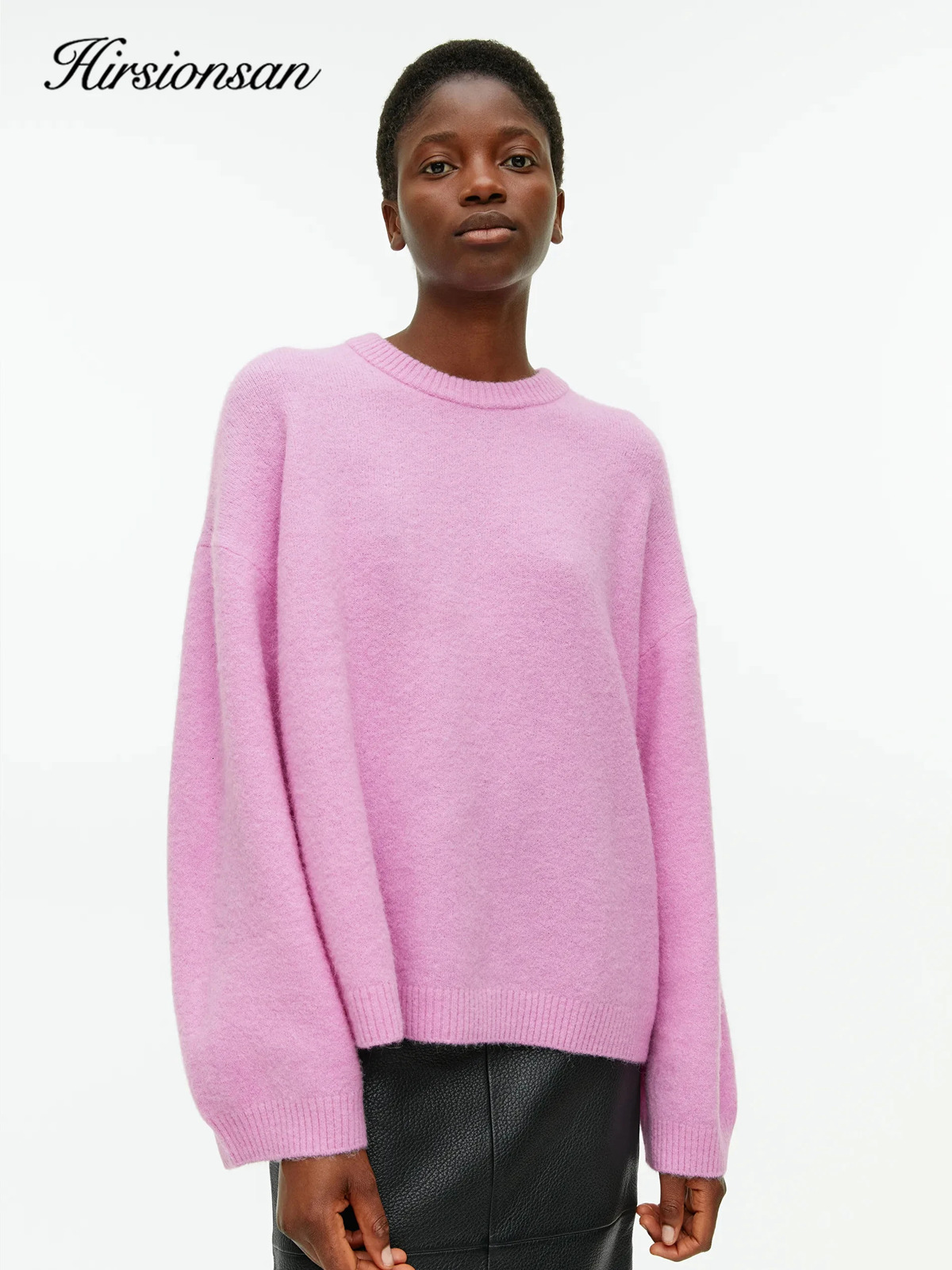 Hirssionsan Basic O-neck lantern sleeve sweater for women oversized pink blue knitted floral womens casual thick warm top 241115