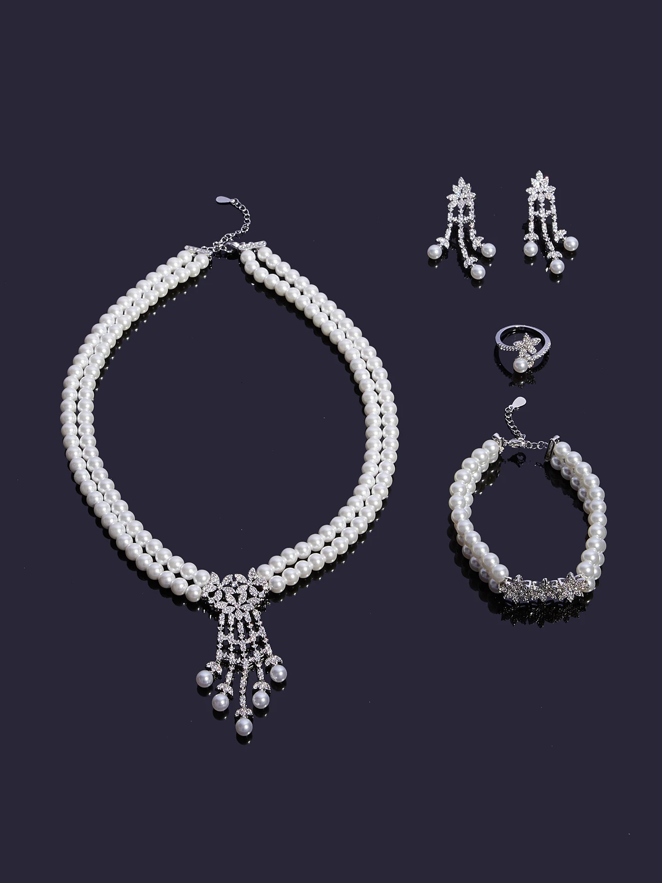 Fashion Pearl Tassel Necklace 4PCS Jewelry Set for Womens Wedding Party All Zircon Dubai Bridal Jewelry Set Gift 241115