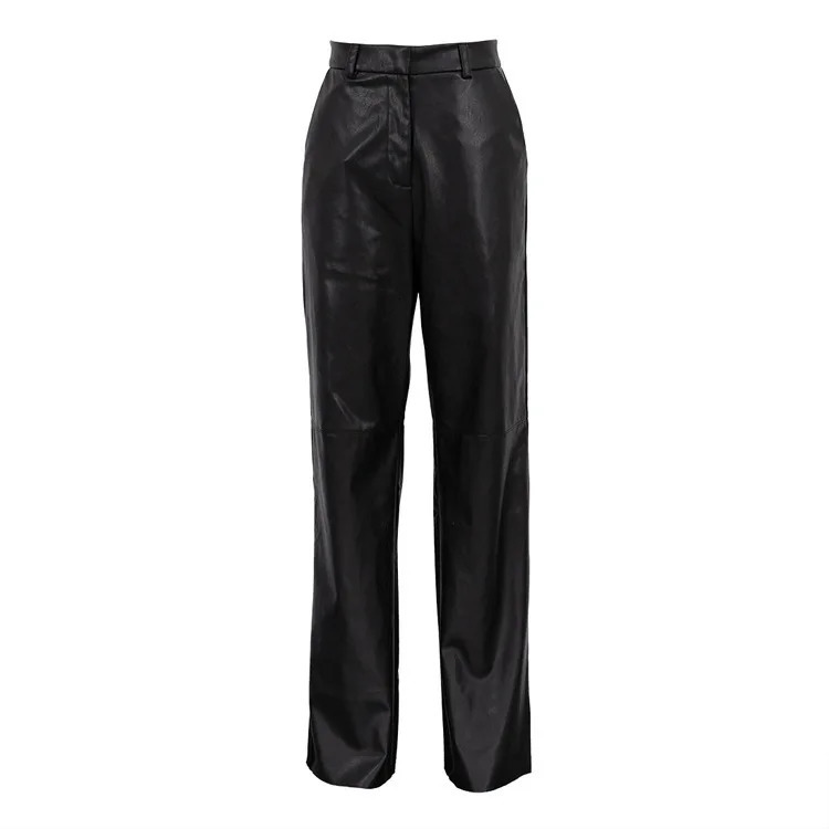 European and American style womens spring PU leather mid high waist hip lifting straight casual pants 241115
