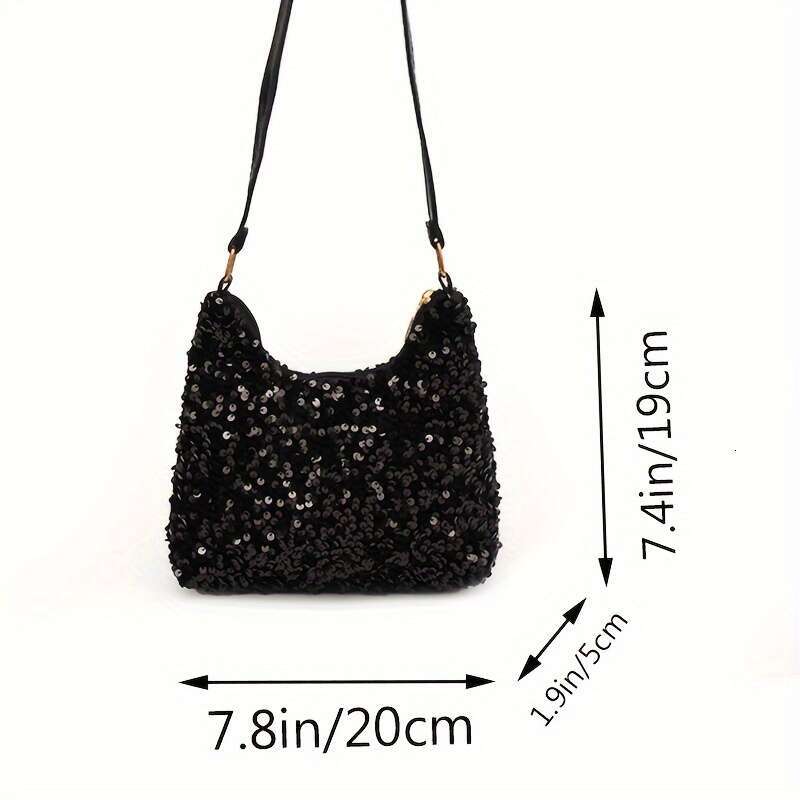 Chic Sequin Crossbody Bag for Women Versatile Nylon Shoulder Purse with Adjustable Strap, Zip Closure - Black