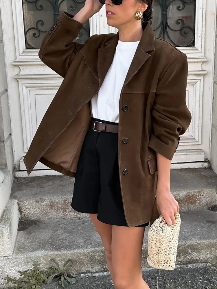 Vintage Women Loose Suede Jackets 2024 Fashion Ladies Oversize Brown Faux Leather Outfit for Female HighStreet Chic Clothes Cute 241115