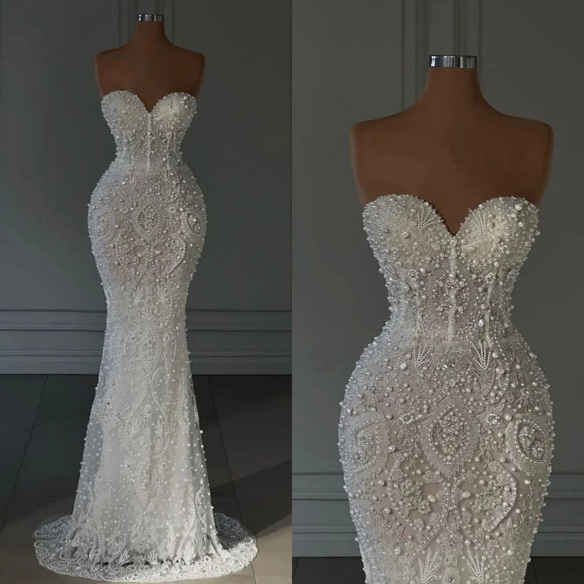 Mermaid Wedding Dresses For Women Sweetheart Neck Sleeveless Bridal Gown Pearls Sequins Sweep Train Customized Dress vestidos de novia
