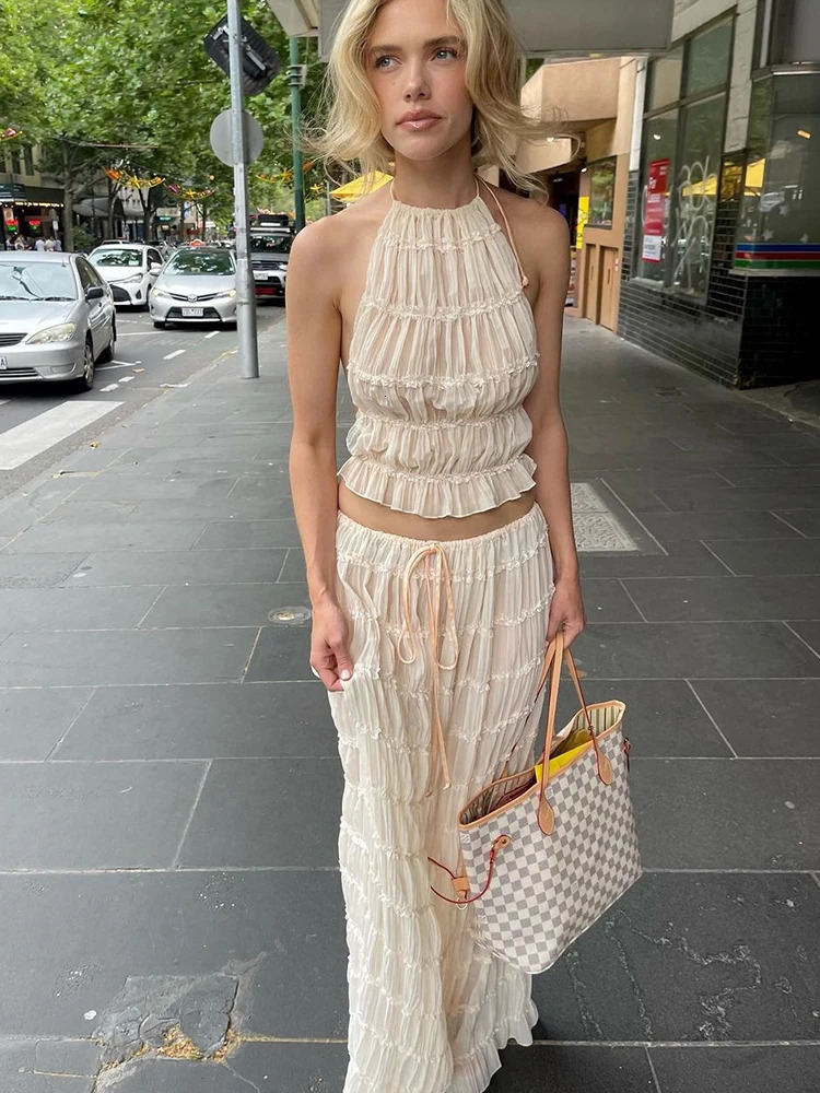 Fashion Folds Halter Top Long Skirt Sets Women Spring Summer Beach Backless Sling High Waist Skirts Female 2 Piece 240415