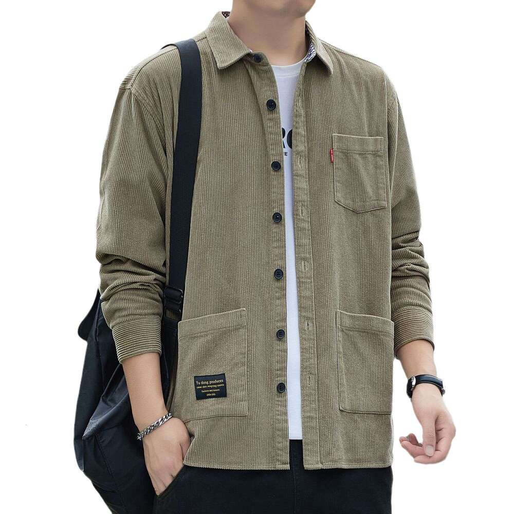 Autumn Pure Cotton Corduroy Long Sleeved Shirt For Men, Casual Workwear Shirt, Loose And Trendy