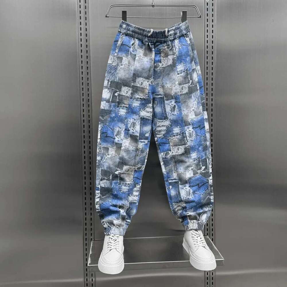 Blue Casual Jeans Fashion Plaid Trousers Outdoor Jogger Pants High Quality Brand Men Clothing