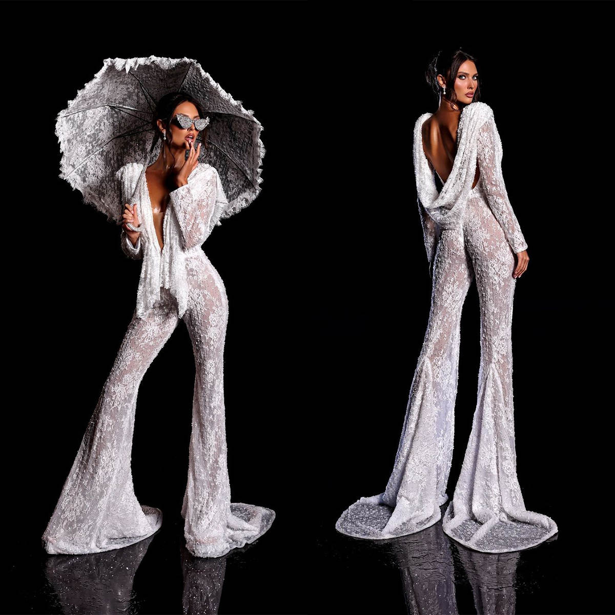 Vintage Mermaid Wedding Dress Jumpsuits Deep V Neck Long Sleeve Lace Appliques Bridal Gowns Custom Made vestidos de novia